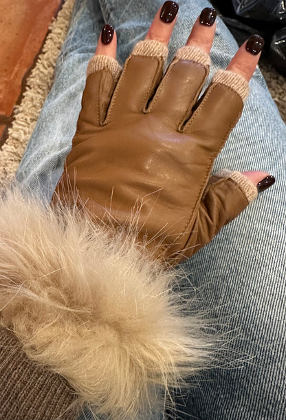 Faux Fur Cuff Fingerless Gloves Luggage