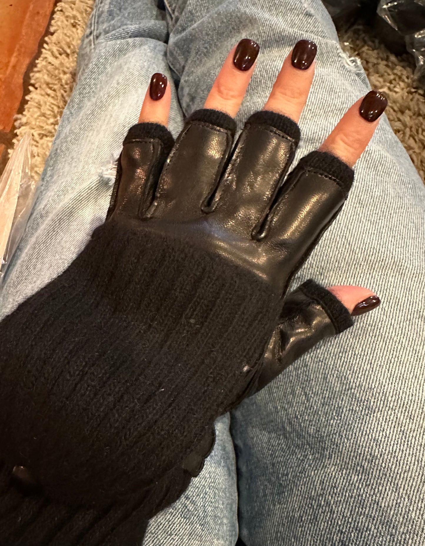 Leather & Cashmere Pop Top Fingerless Gloves